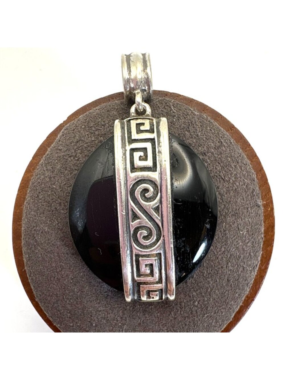 Black Onyx Statement Pendant Greek Key Scroll Design 925 Sterling Silver 1.5''